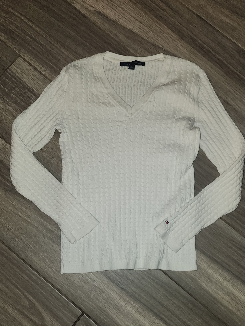 Tommy Hilfiger Cream V-Neck Cable Knit Sweater